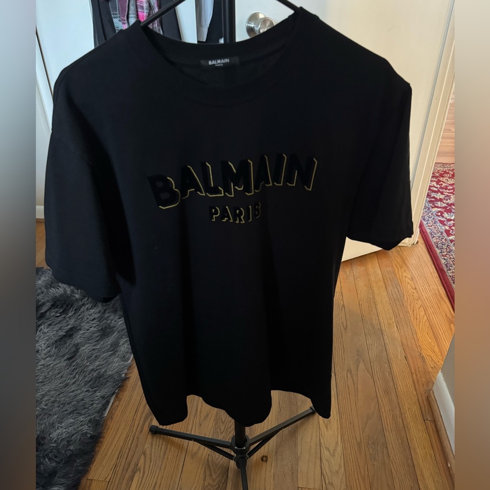 Balmain Black T-Shirt with Gold Logo